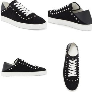 NWT🖤🤍Stuart Weitzman Super Stud Sneaker, Black suede with faux pearls
